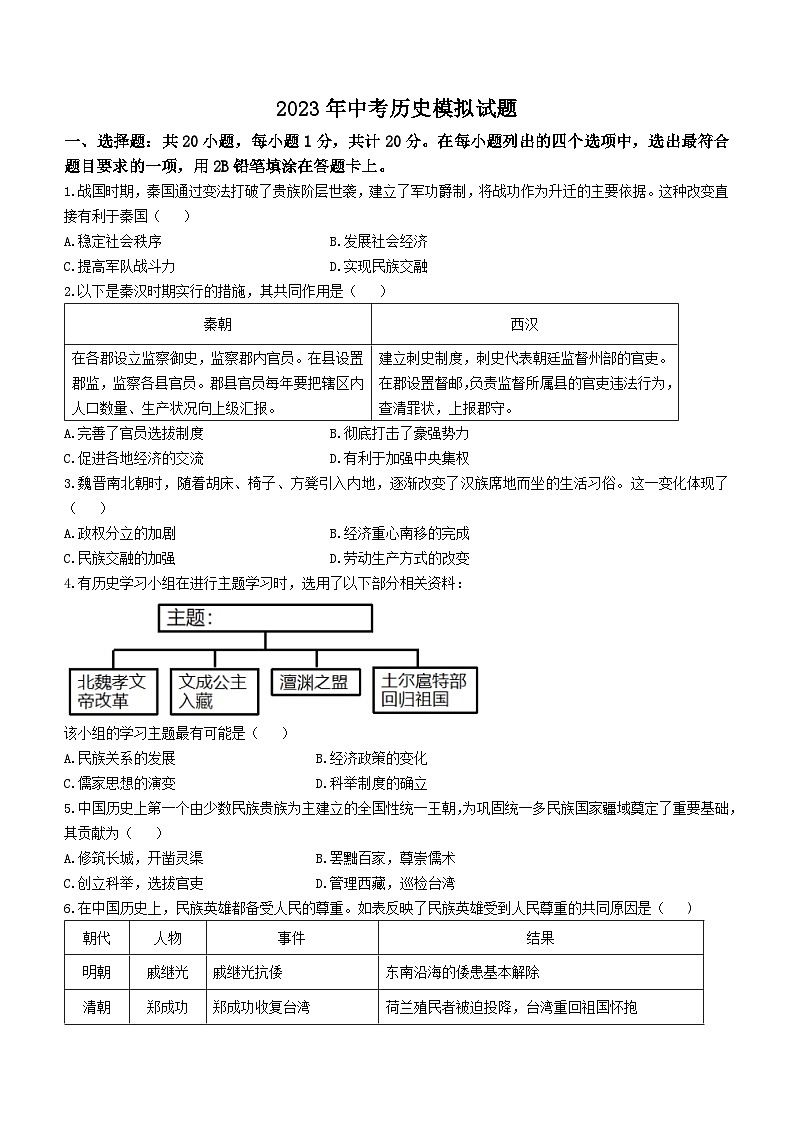 2023年山东省菏泽市九年级中考二模历史试题第1页