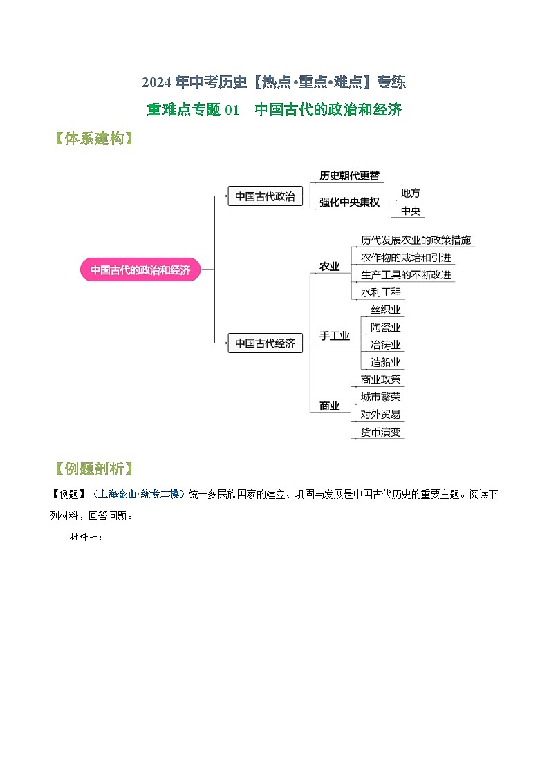 (上海专用)2024年中考二轮 历史【热点·重点·难点】专练重难点专题01 中国古代的政治和经济-专题训练01