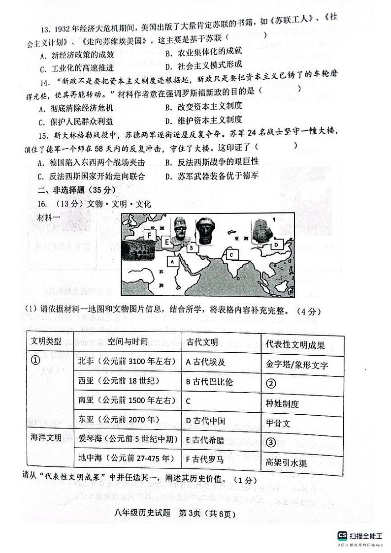 山东省淄博市高青县2023-2024学年八年级上学期期末历史试题第3页