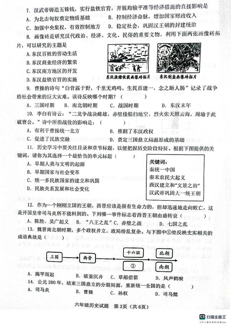 山东省淄博市高青县（五四学制）2023-2024学年六年级上学期期末历史试题（无答案）02