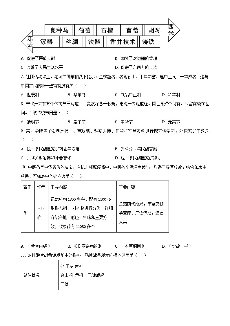 精品解析：2024年甘肅省永靖縣部分學(xué)校中考一模歷史試題（原卷版）第2頁