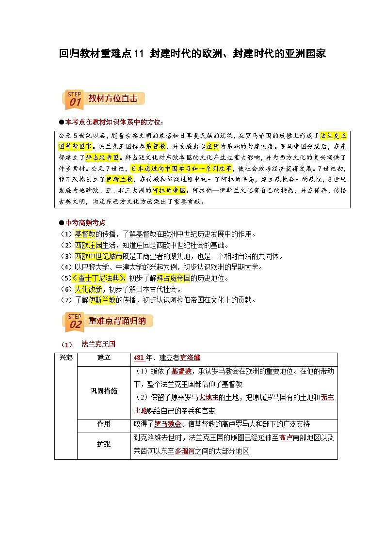 回归教材重难点11 封建时代的欧洲、封建时代的亚洲国家-中考历史三轮冲刺过关第1页