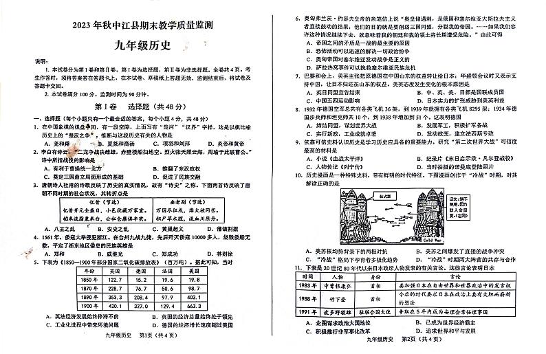 四川省德阳市中江县2023-2024学年九年级上学期1月期末历史试题01