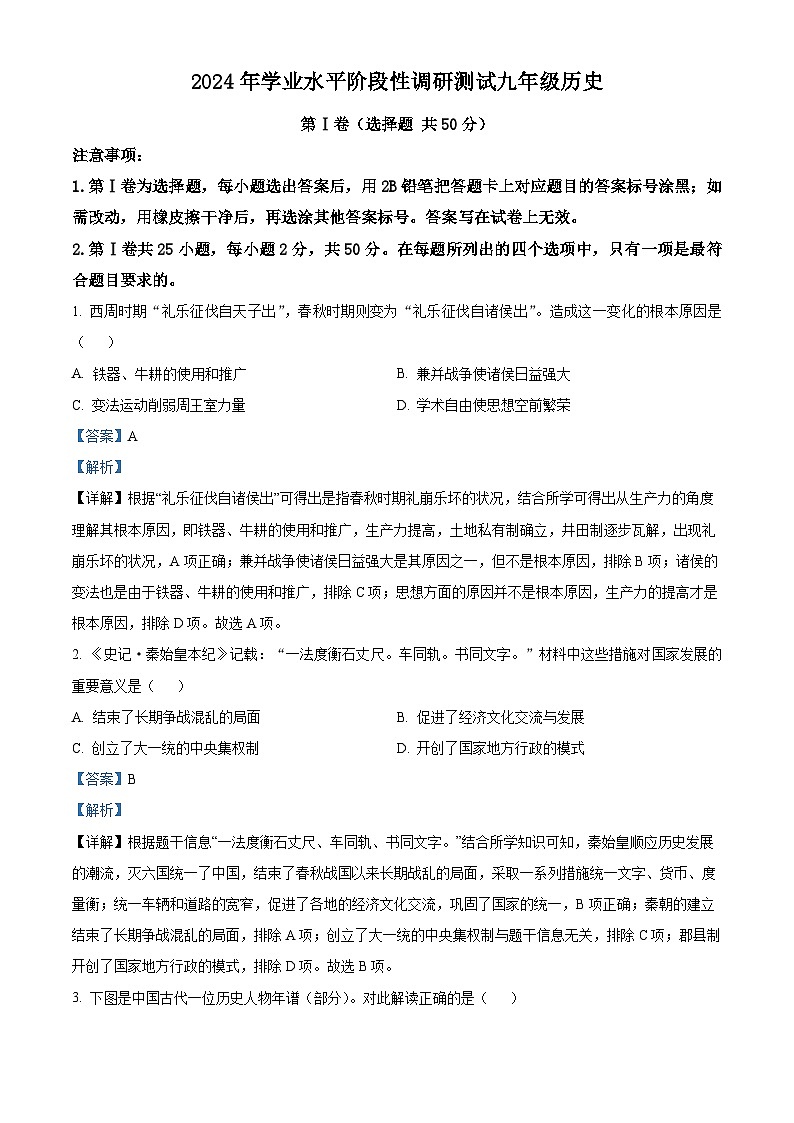 2024年山东省济南市槐荫区中考一模历史试题(原卷版+解析版)01