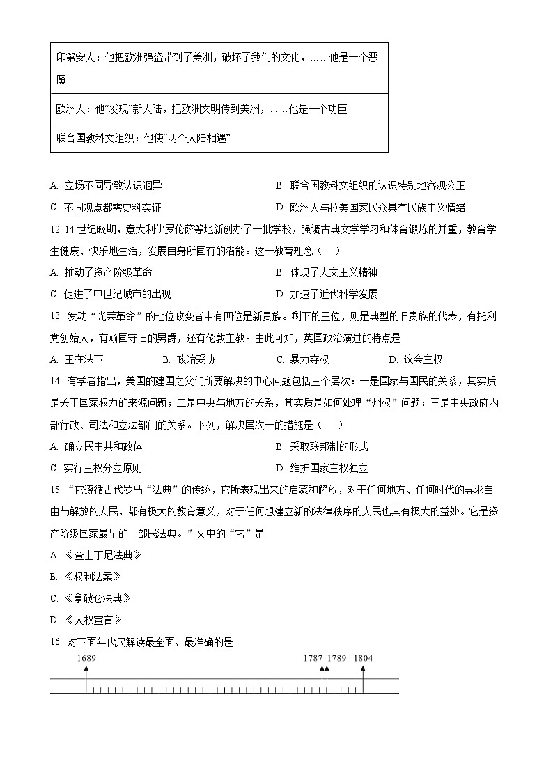 2024年广东省珠海市第十一中学中考一模历史试题(原卷版+解析版)03