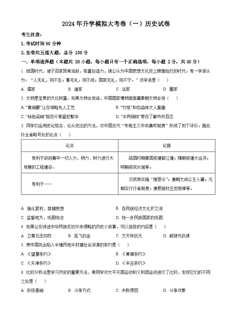 2024年黑龙江省龙东地区部分学校中考一模历史试题(原卷版+解析版)01