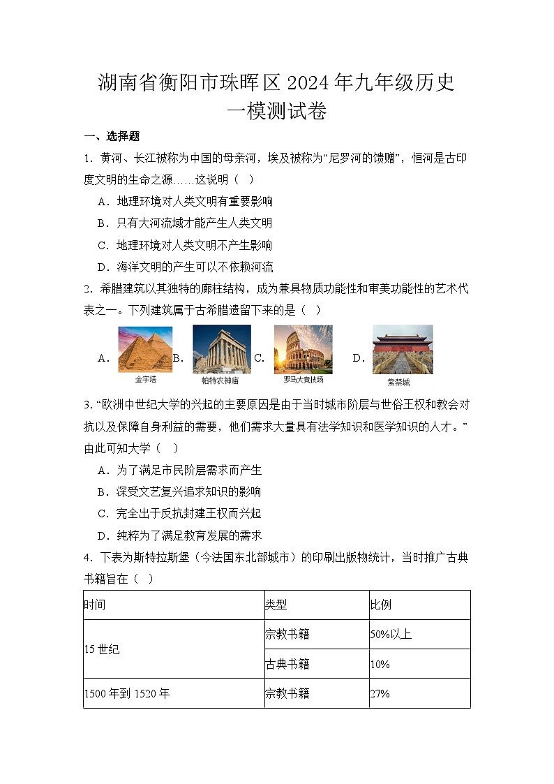 2024年湖南省衡阳市珠晖区中考一模历史试题第1页