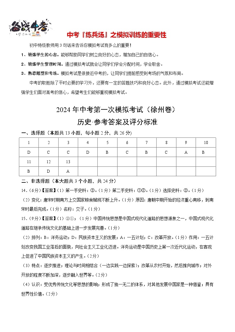 中考历史（江苏徐州卷）- 2024年中考第一次模拟考试01