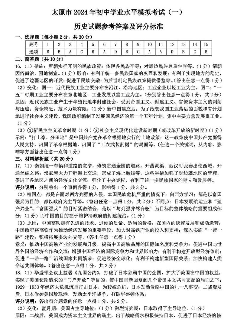 【历史】山西省太原市2024年九年级中考一模试题01