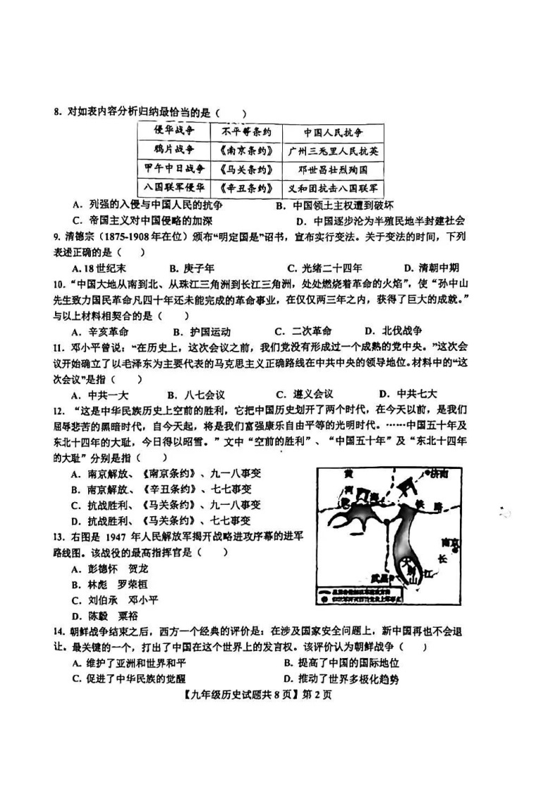 2024年山东省德州市德城区中考一模历史试题（扫描版无答案）02