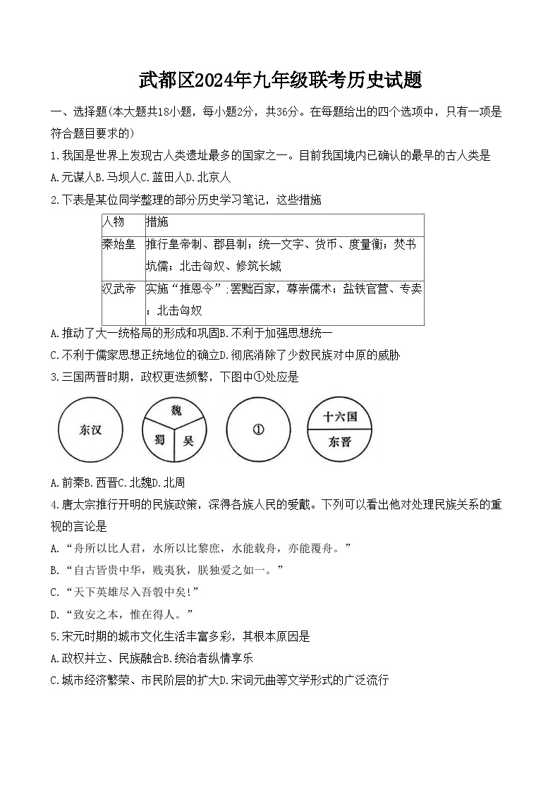 2024年甘肃省武都区九年级联考（一模）历史试题01