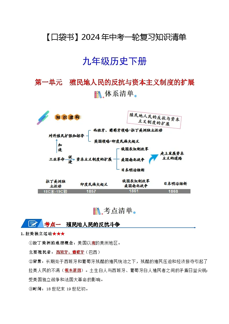 06九下历史知识清单 -【口袋书】2024年中考历史一轮复习知识清单第1页
