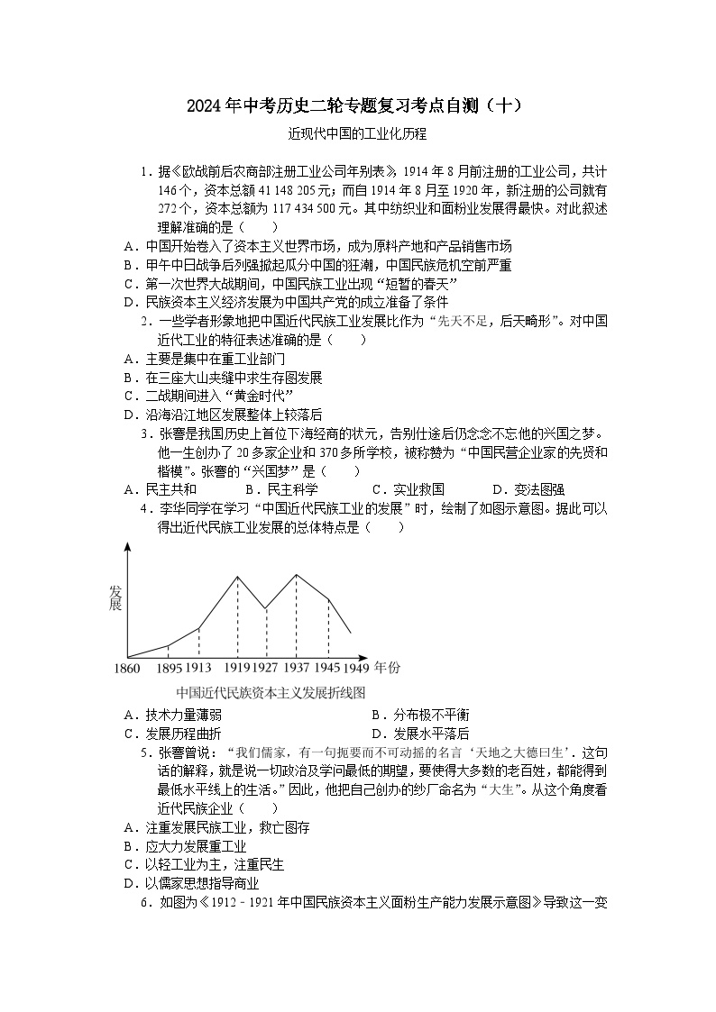 2024年中考历史二轮专题复习考点自测（十）近现代中国的工业化历程(含答案)