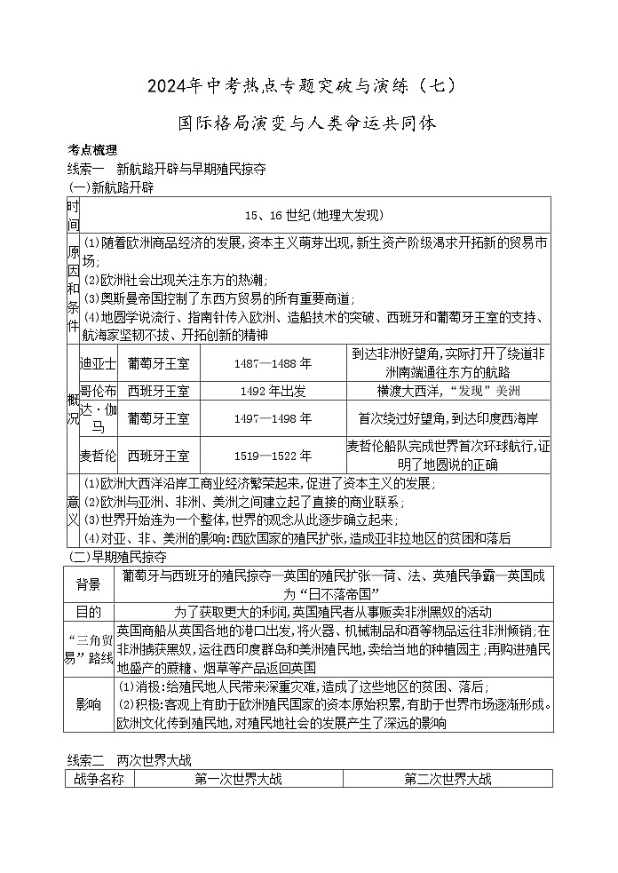 2024年中考历史二轮复习热点专题突破与演练(七)国际格局演变与人类命运共同体(含答案)第1页