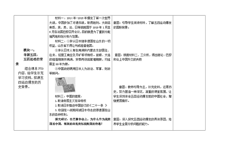 第13课五四运动 教学设计(表格式)2023年秋部编版八年级上册历史02