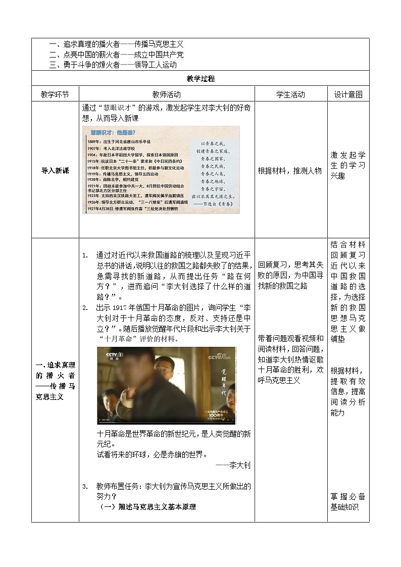 第14课 中国共产党诞生【教案】(表格式)2023年秋部编版八年级上册历史第2页