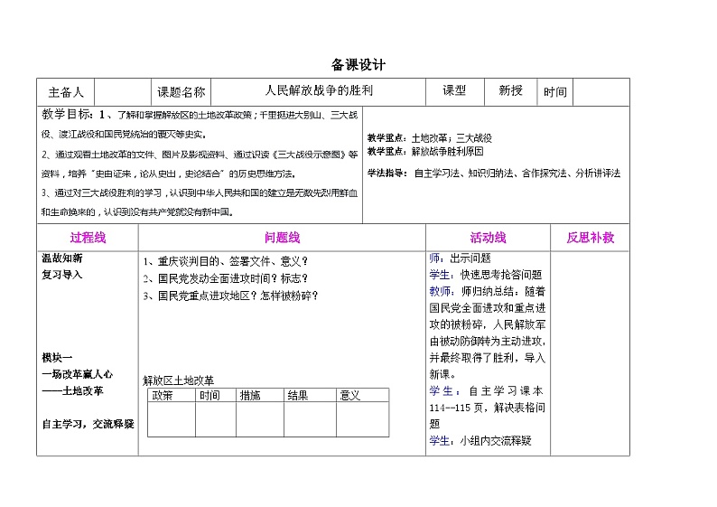 第24课 人民解放战争的胜利 教学设计(表格式)2023年秋部编版八年级上册历史第1页