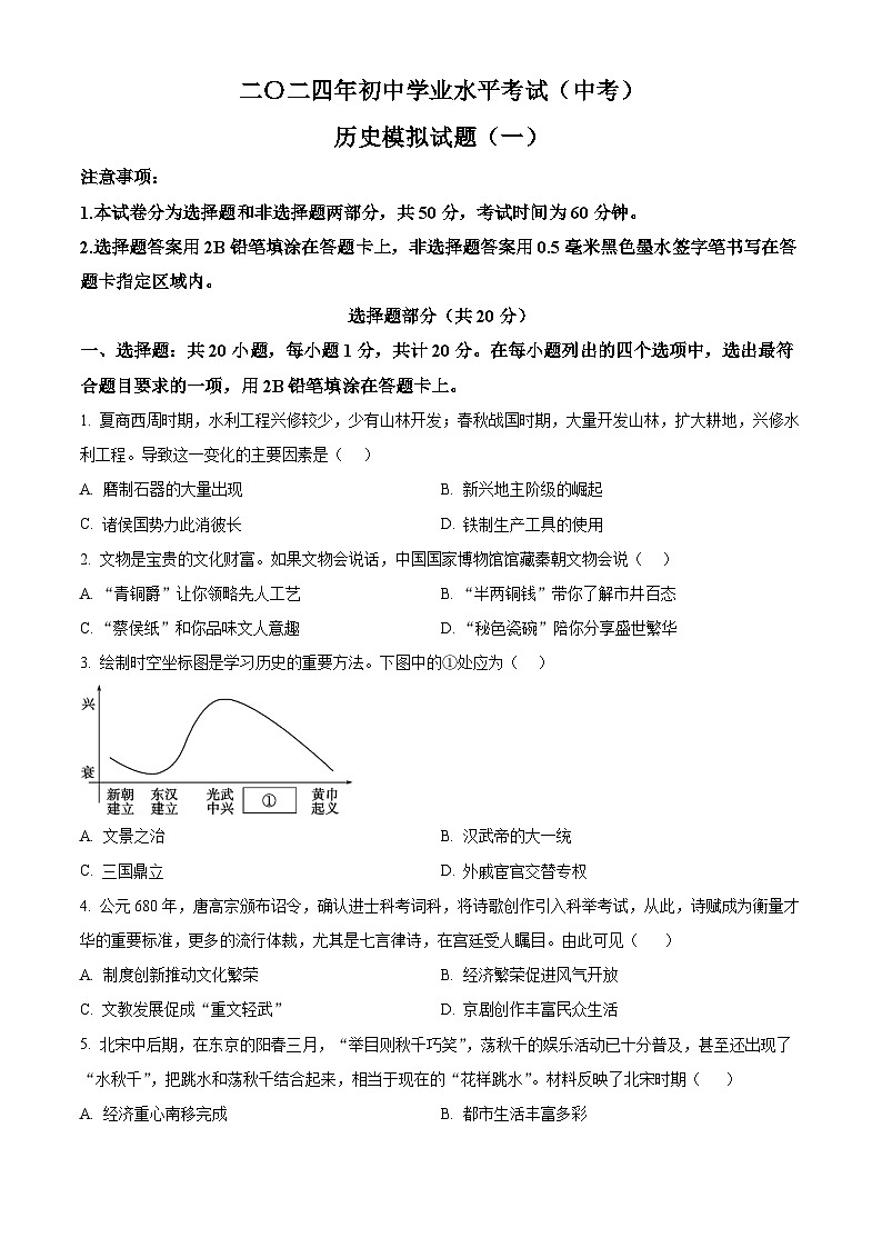2024年山東省菏澤市成武縣中考一模歷史試題(原卷版)第1頁