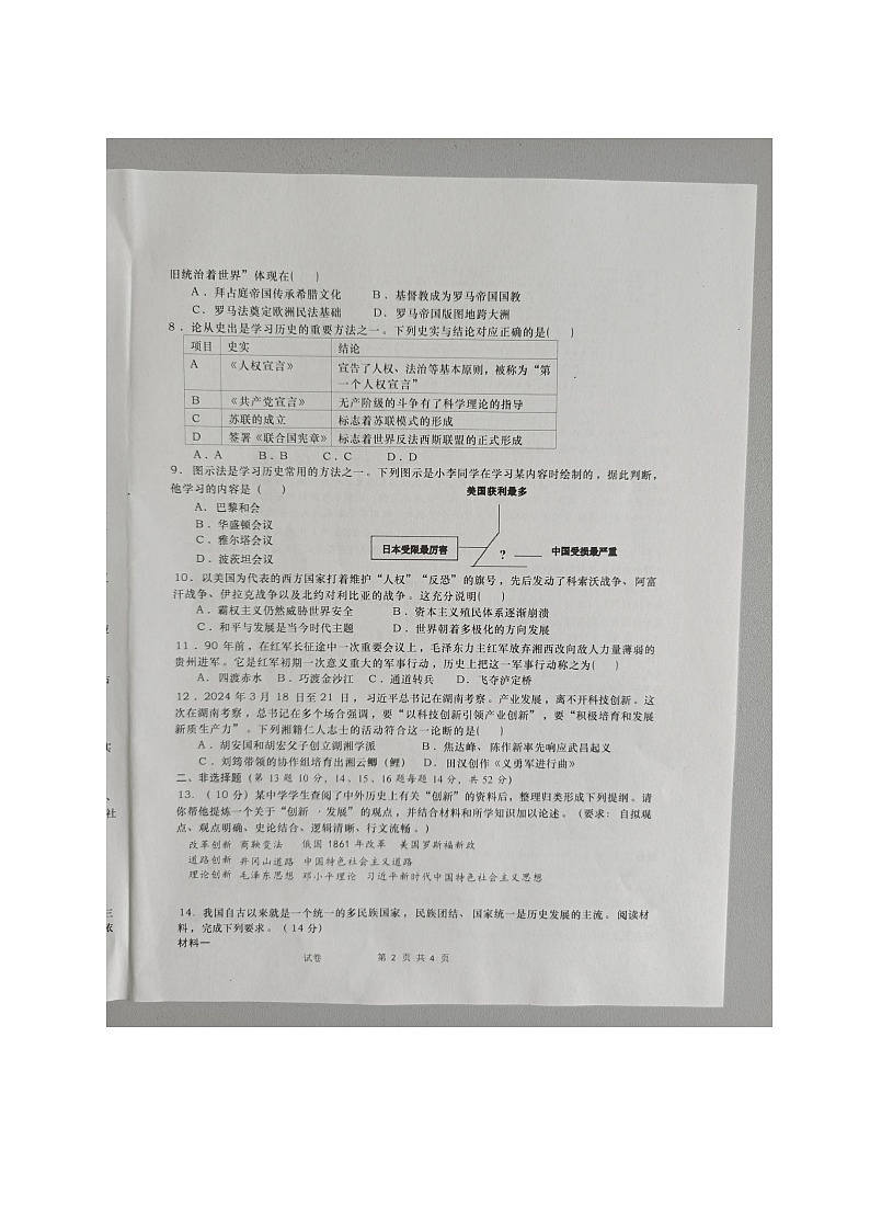 湖南省长沙市浏阳市2023-2024学年九年级下学期4月期中历史试题02