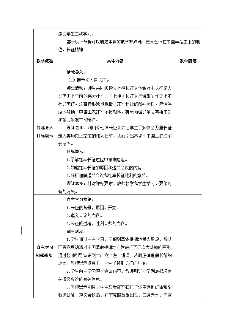 第17课 中国工农红军长征 教案(表格式)2023-2024学年历史八年级上学期02