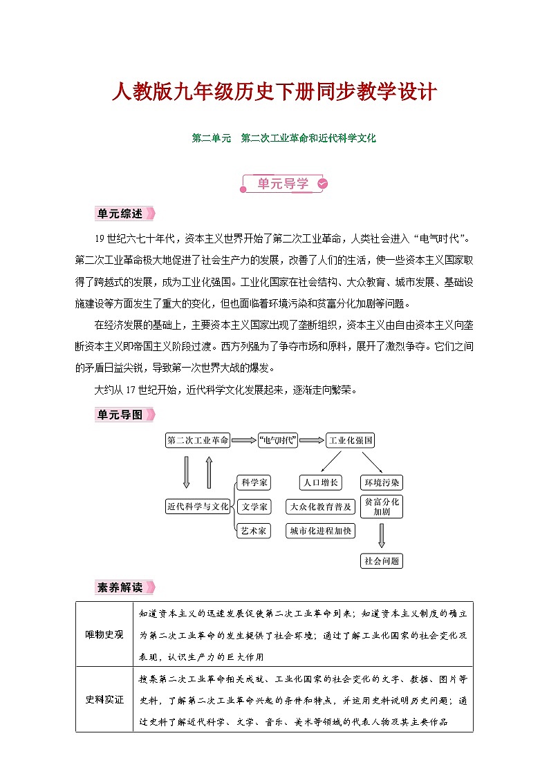 人教版九年级历史下册同步教学设计第二单元《第二次工业革命和近代科学文化》第1页