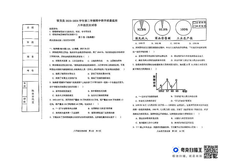 河北省秦皇岛市青龙满族自治县2023-2024学年八年级下学期期中历史试题第1页