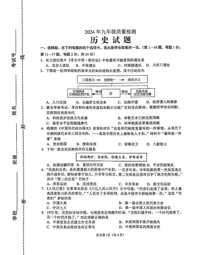 江苏省连云港市海州区2023-2024学年九年级下学期历史期中试题第1页