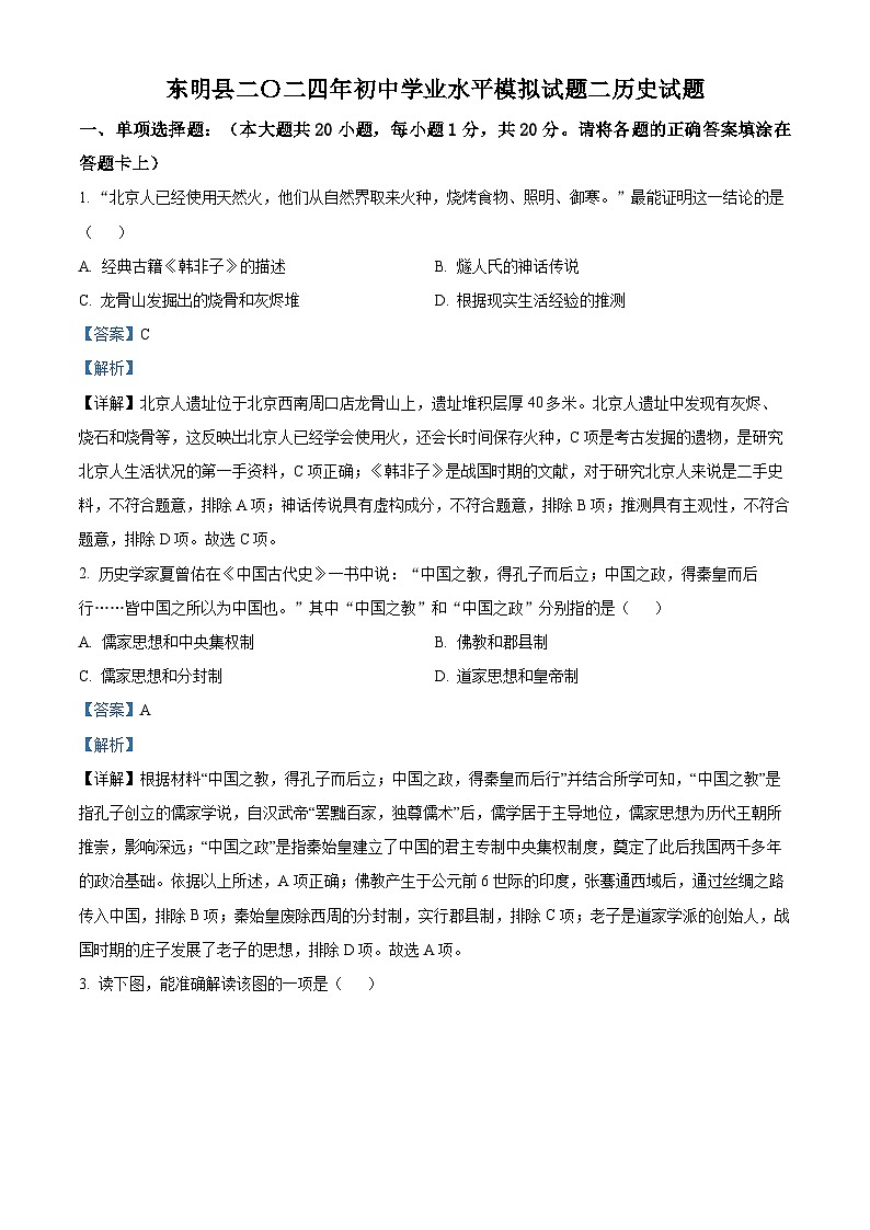2024年山東省菏澤市東明縣中考二模歷史試題（解析版）第1頁