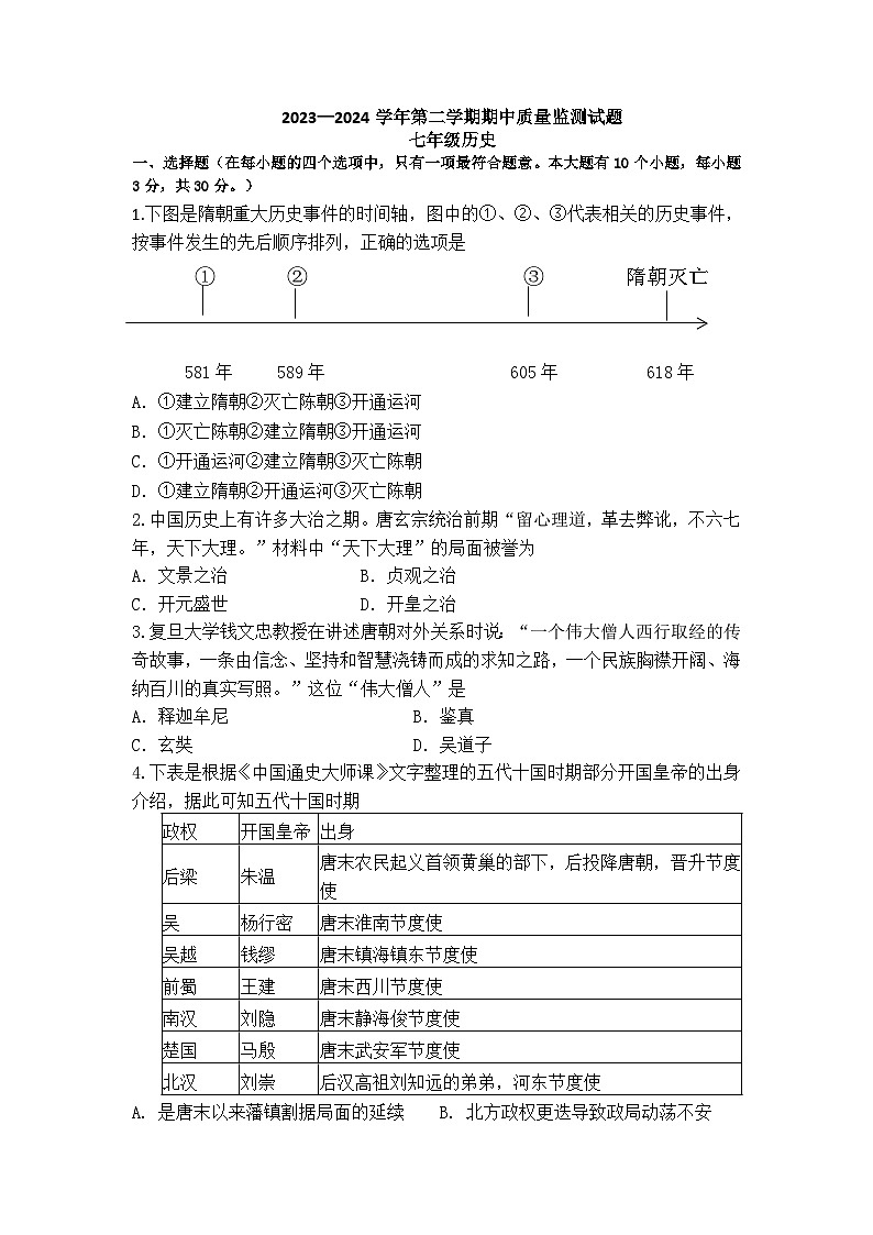 山西省吕梁市交城县2023-2024学年七年级下学期期中考试历史试题01