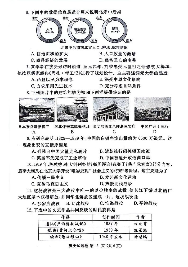 2024年河南省郑州市九年级中考二模历史试卷及答案第2页