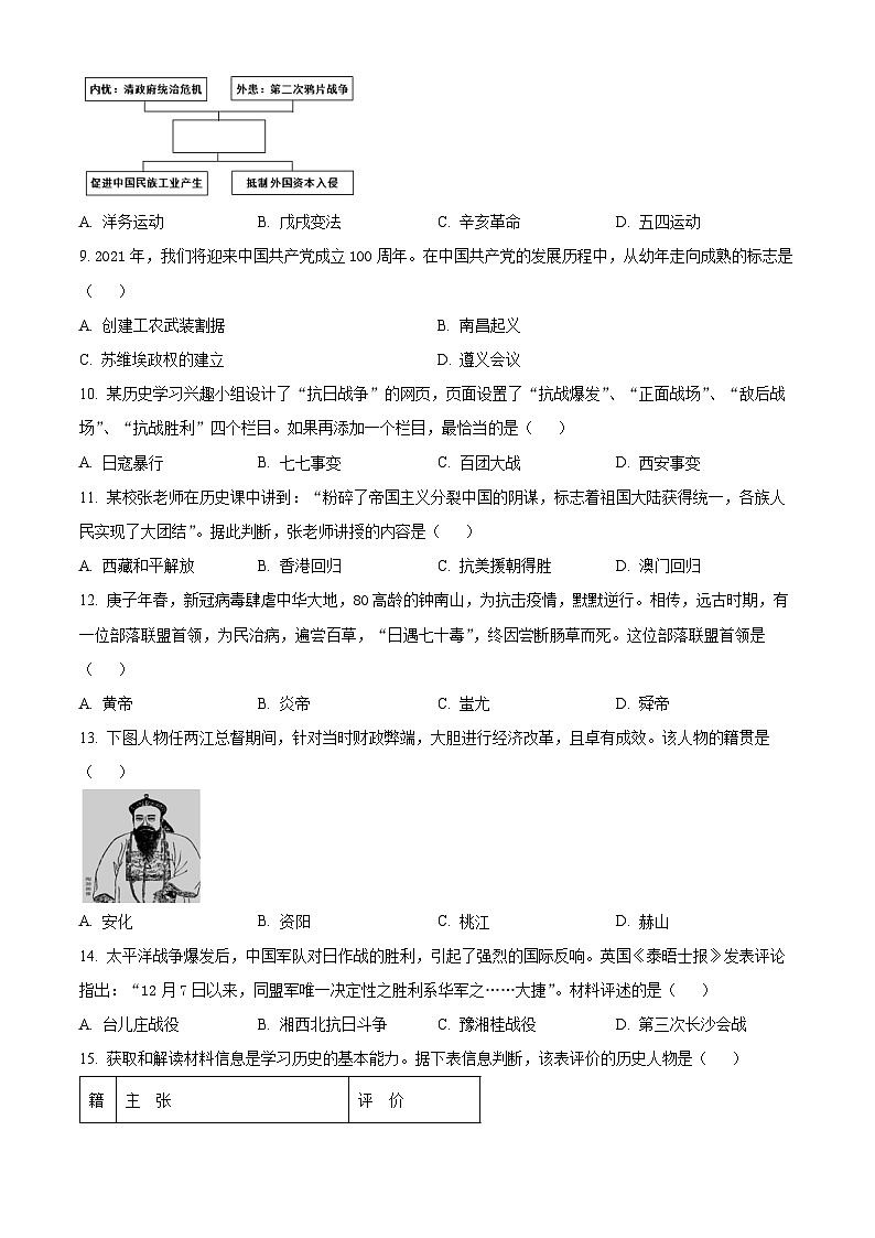 湖南省益阳市2023--2024学年部编版九年级历史下学期期中考试题(原卷版)第3页