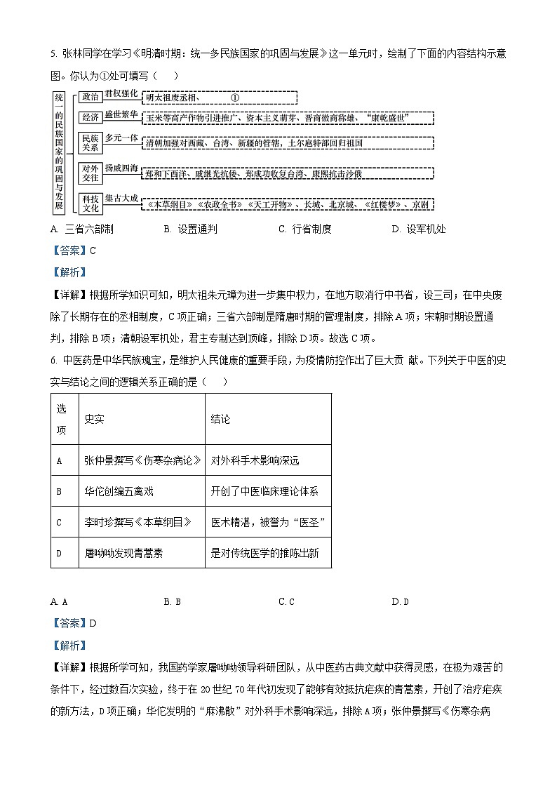山西省阳泉市多校联考2024年中考一模考试文科综合试题-初中历史(解析版)第3页