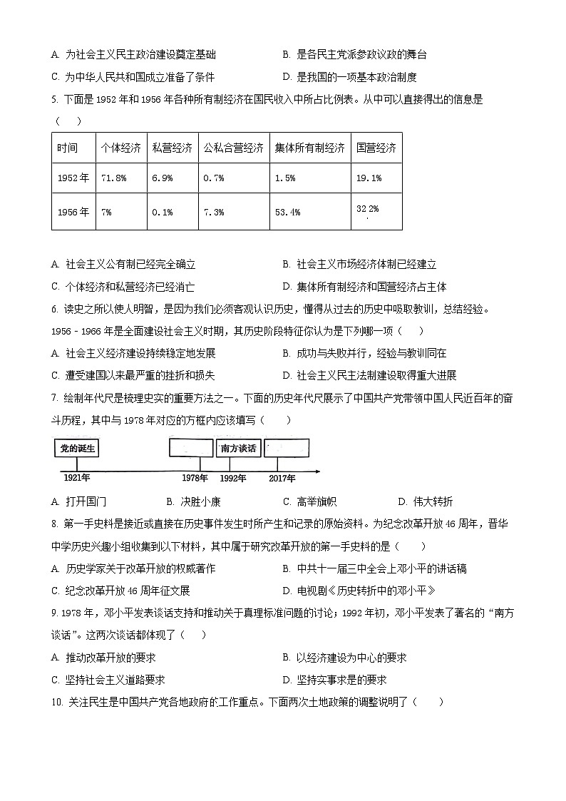 山西省吕梁市离石区2023-2024学年八年级下学期4月期中历史试题(原卷版+解析版)02