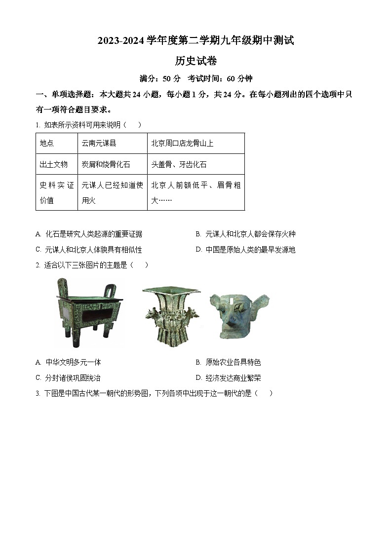 2024年江苏省无锡市新吴区中考一模历史试题(原卷版+解析版)01