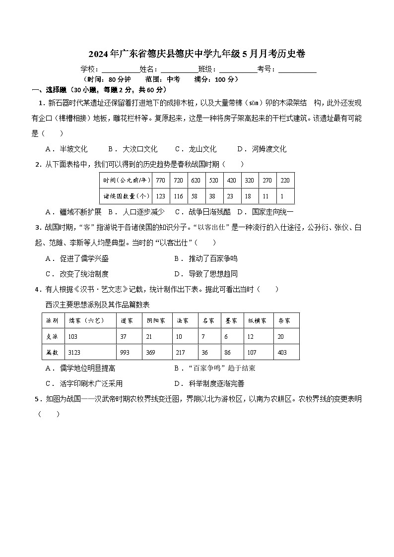 廣東省德慶縣德慶中學(xué)2023_2024學(xué)年九年級下學(xué)期5月考?xì)v史試卷(含解析)第1頁