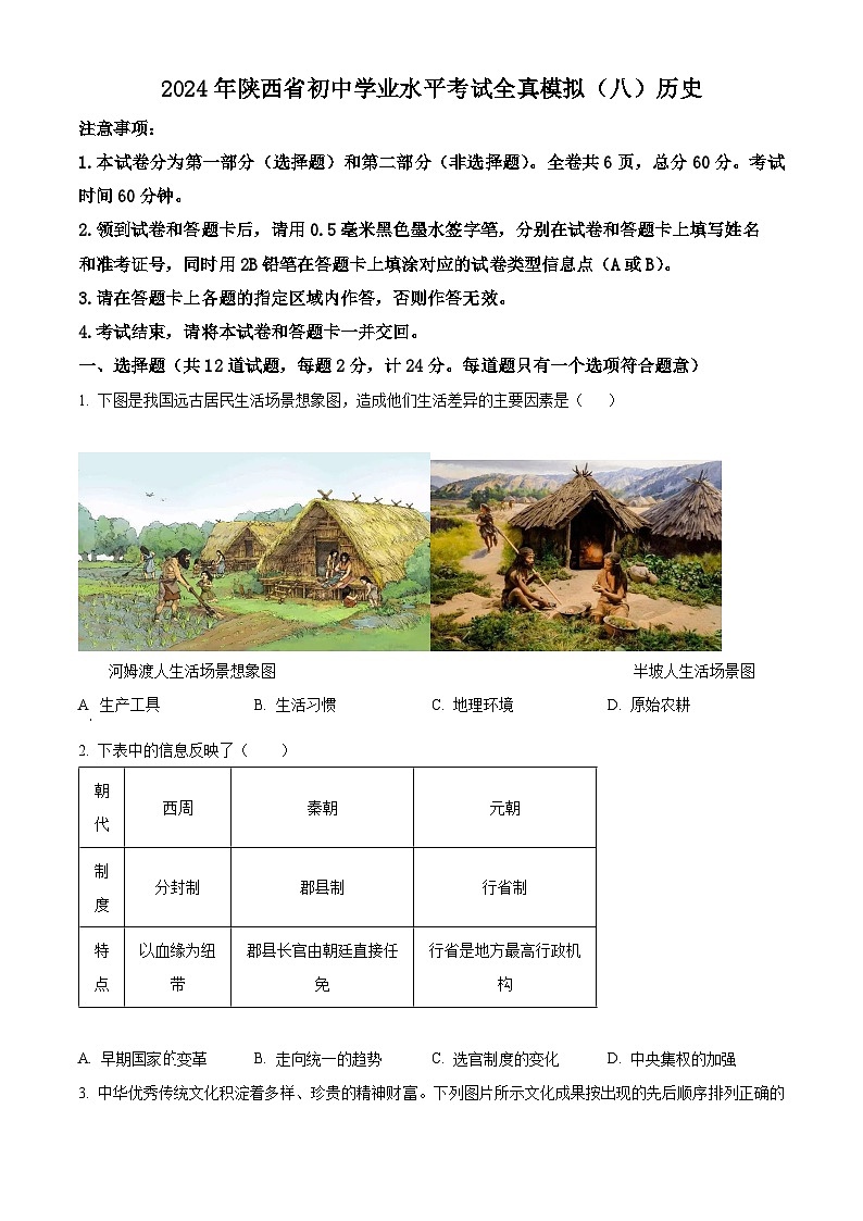 2024年陕西省商洛市商南县丹南五校中考二模历史试题(原卷版+解析版)01