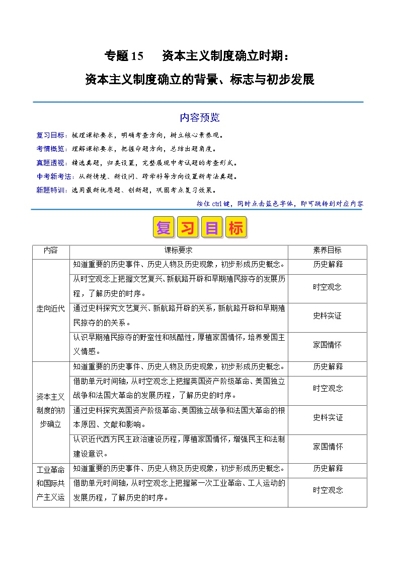 专题15 资本主义制度确立时期：资本主义制度确立的背景、标志与初步发展（原卷版+解析版）