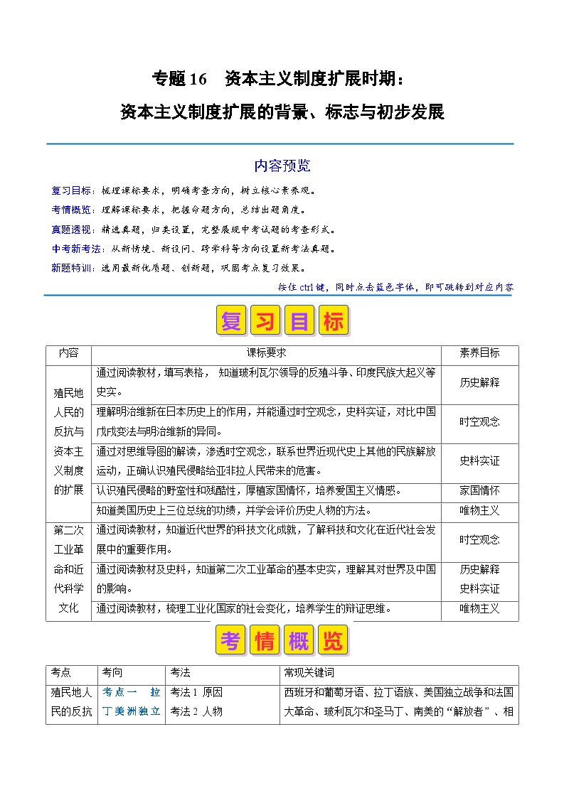 专题16 资本主义制度扩展时期：资本主义制度扩展的背景、标志与初步发展（原卷版+解析版）