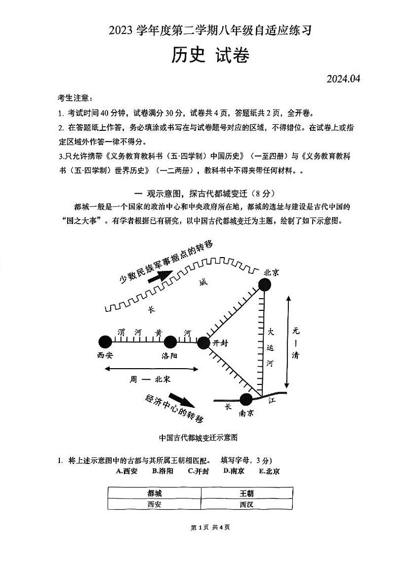 2024年上海市普陀区初二历史二模试卷和答案01