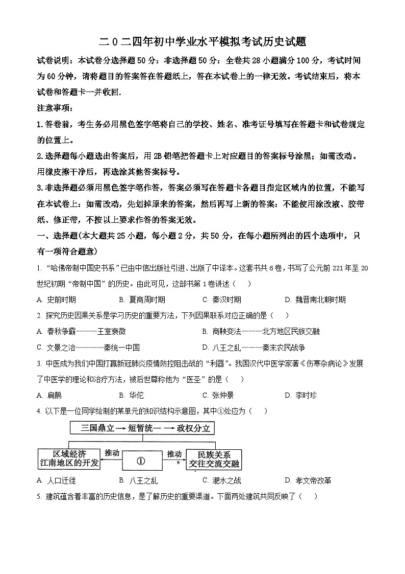 2024年山东省乐陵市宁津县中考二模历史试题 (原卷版)第1页