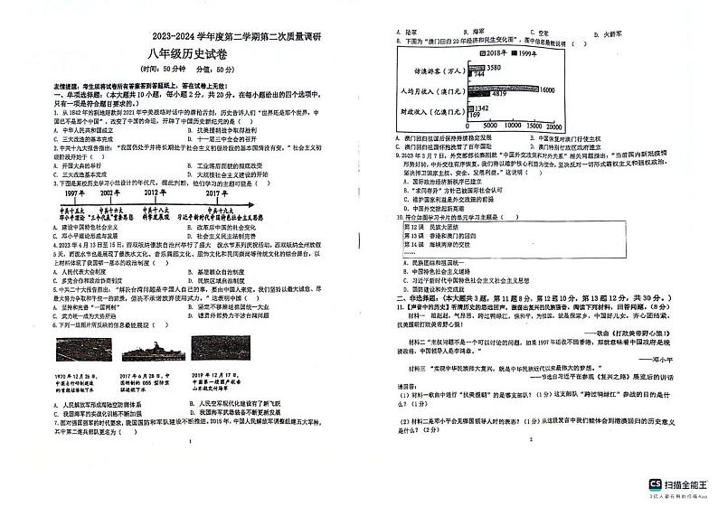 江苏省淮安市涟水县西片区2023-2024学年八年级下学期5月月考历史试题第1页