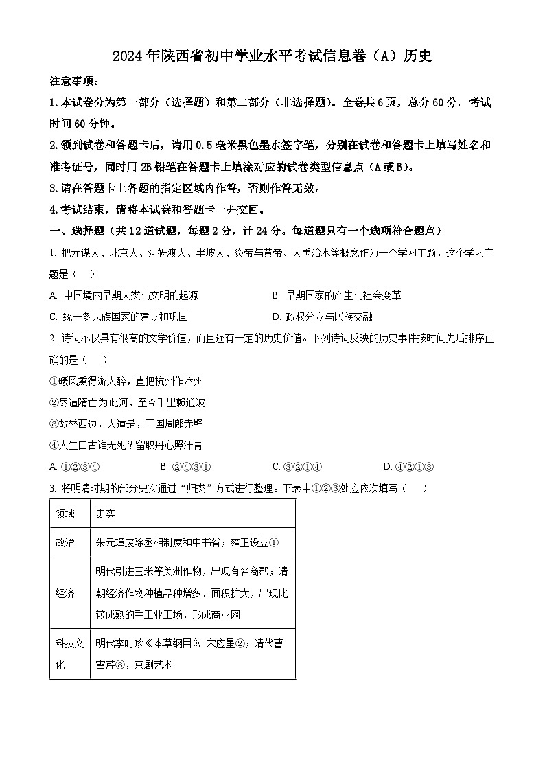 2024年陕西省商洛市商南县白玉片学校中考三模历史试题(原卷版)第1页