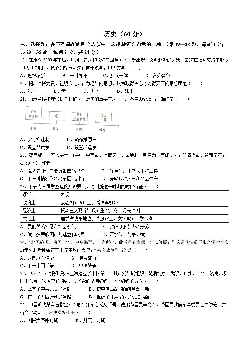 江苏省连云港市赣榆实验中学2024年中考二模历史试题(无答案)01