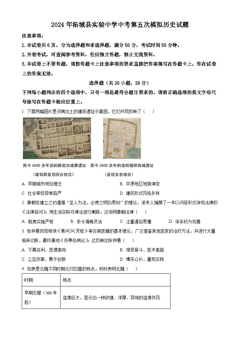 2024年河南省商丘市柘城县实验中学中考第五次模拟历史试题(原卷版+解析版)01