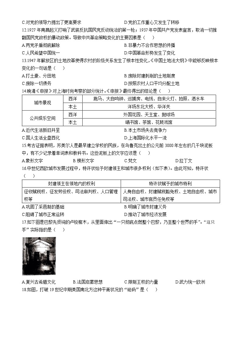 2024年河南省信阳市浉河区中考二模历史试题03