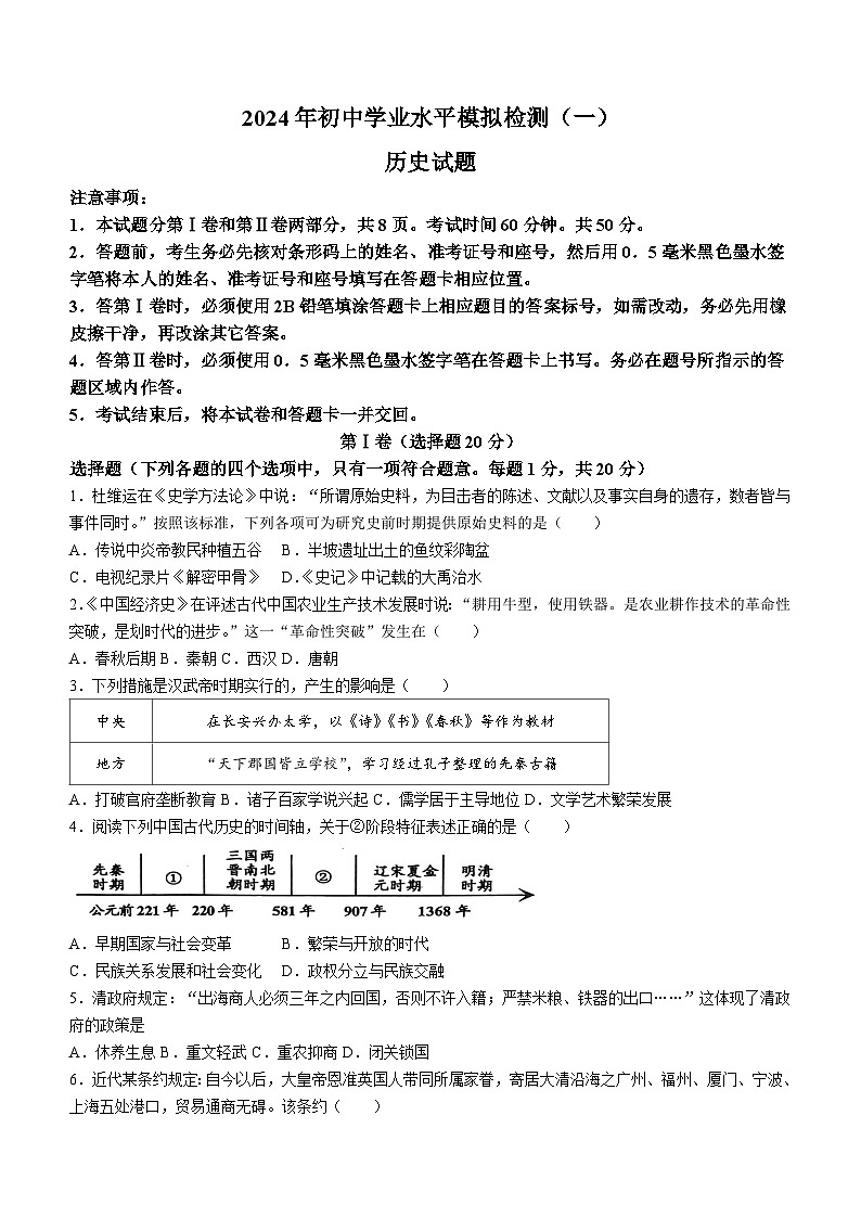 2024年山东省济宁市(五四学制)中考二模历史试题(无答案)01