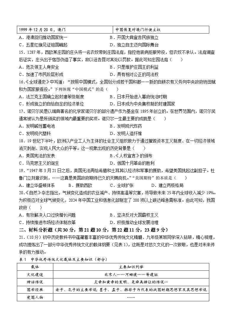 2024年江苏省盐城市两校联考中考二模历史试题(含答案)03