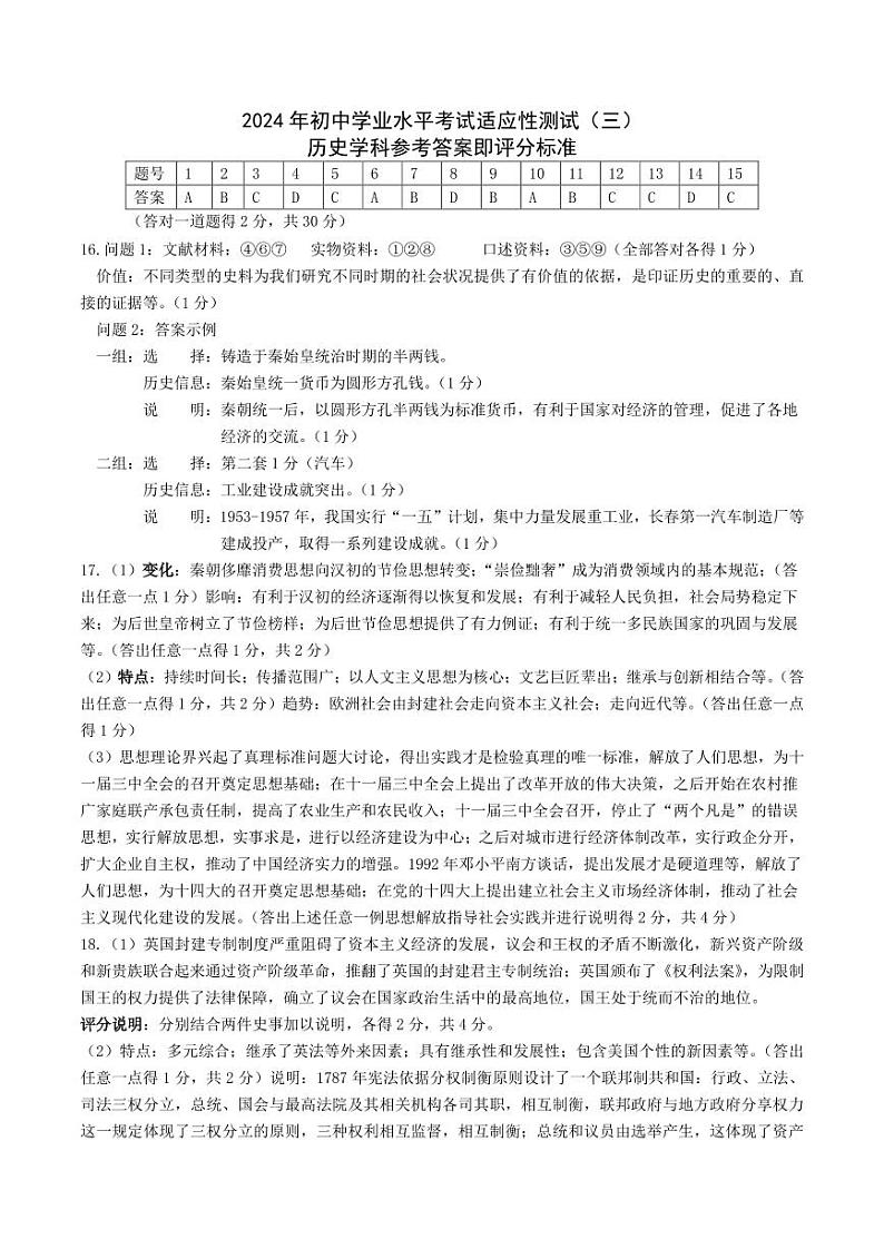 2024年山西省中考三模历史试卷(省统考)01