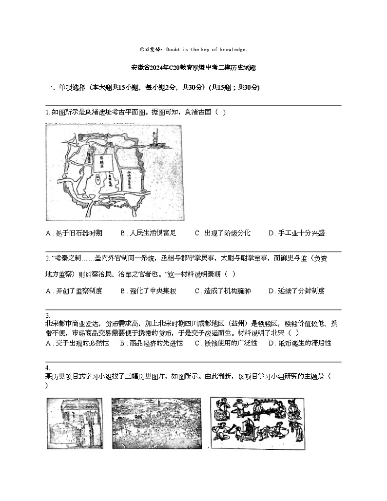 安徽省2024年C20教育联盟中考二模历史试题01