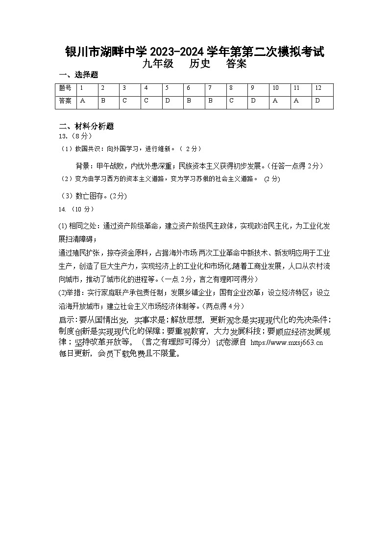 宁夏回族自治区银川市第六中学2023--2024学年部编版九年级历史下学期第二次模拟考试题(1)01
